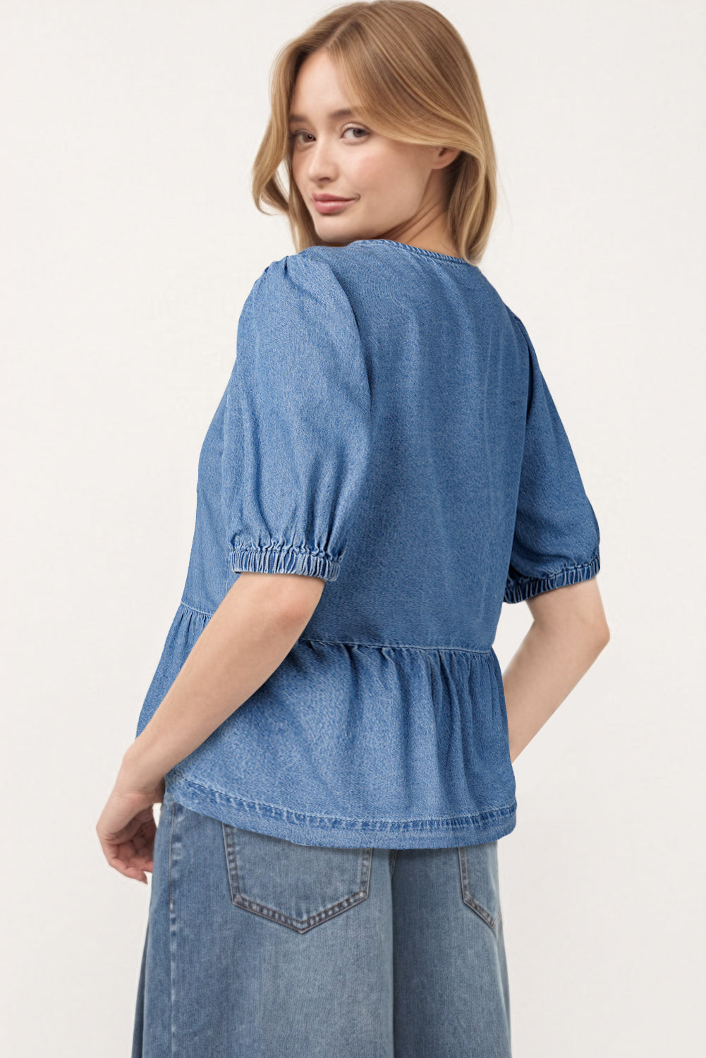 Dusk Blue Tied Front Bubble Sleeve Peplum Denim Shirt 🇨🇳