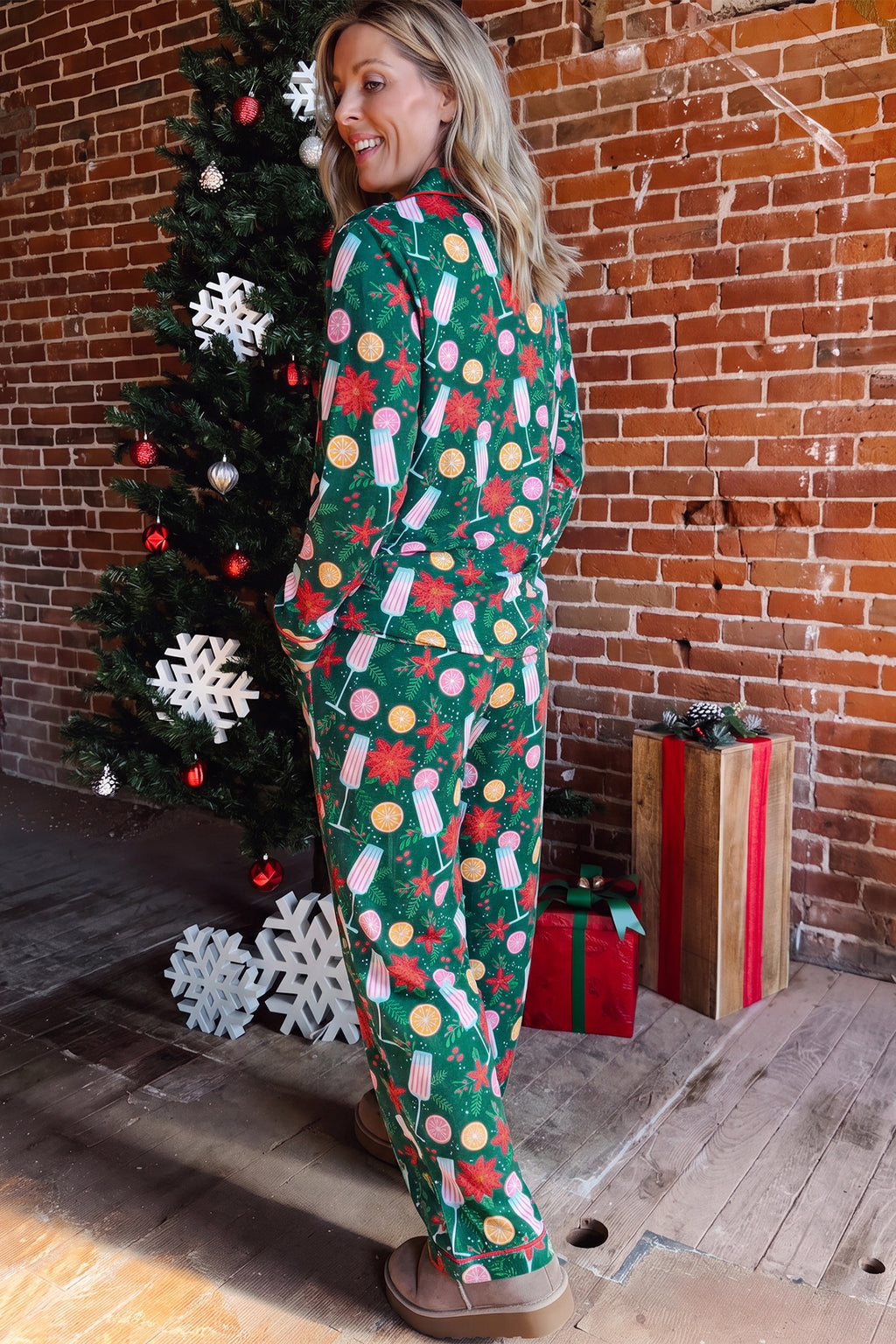 Green Holiday Print Pocket Detail Long Sleeve Collar Lounge Set 🇺🇸