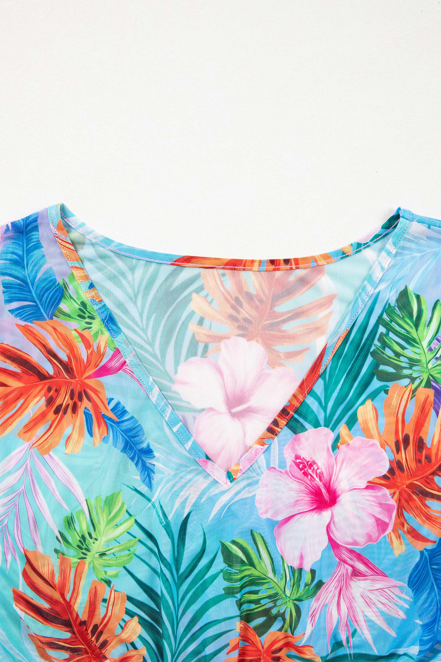 Sky Blue Tropical Print V Neck Semi Sheer Beach Cover Up Dress 🇺🇸