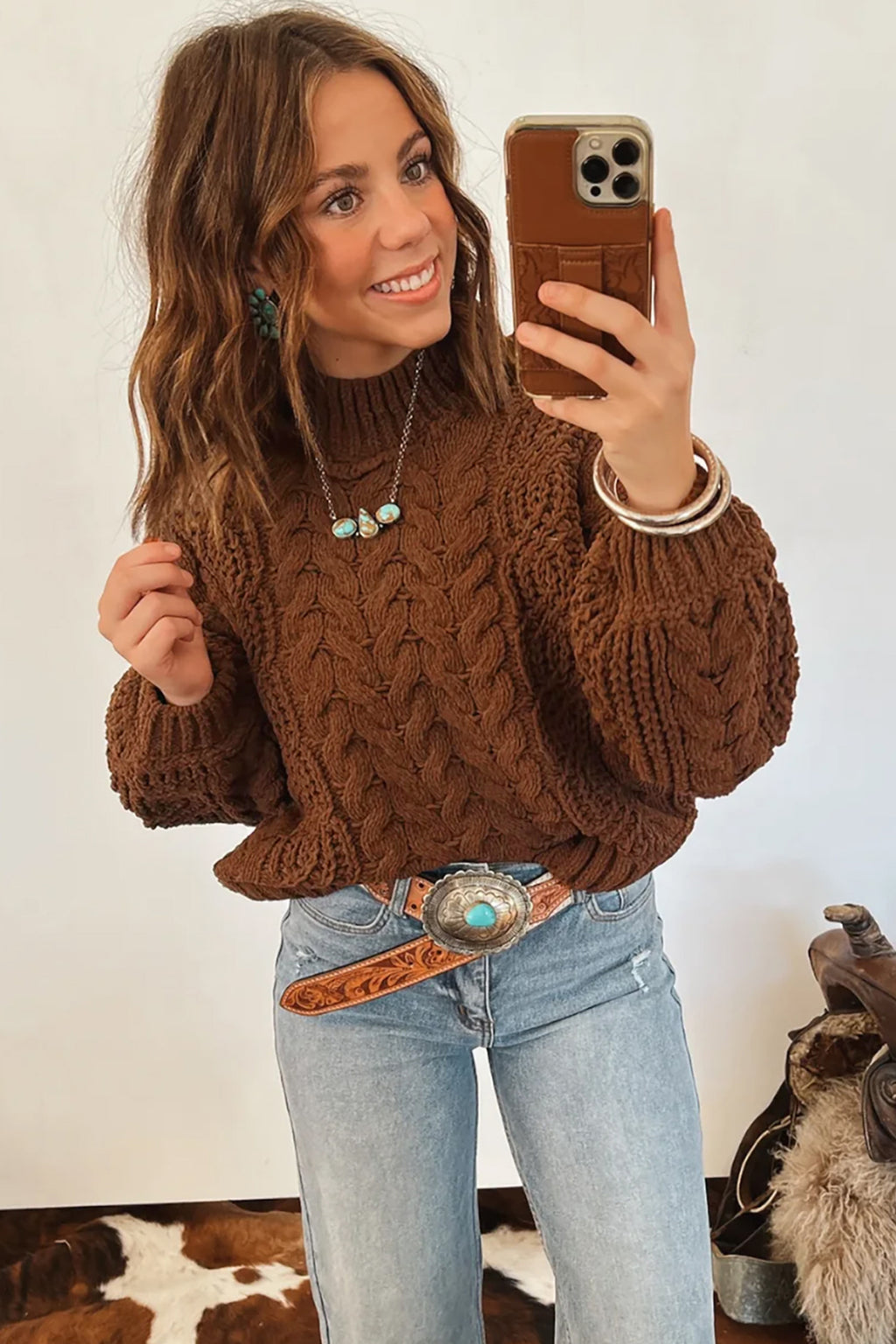 Coffee Solid Color Cable Knit High Neck Loose Pullover Sweater 🇺🇸