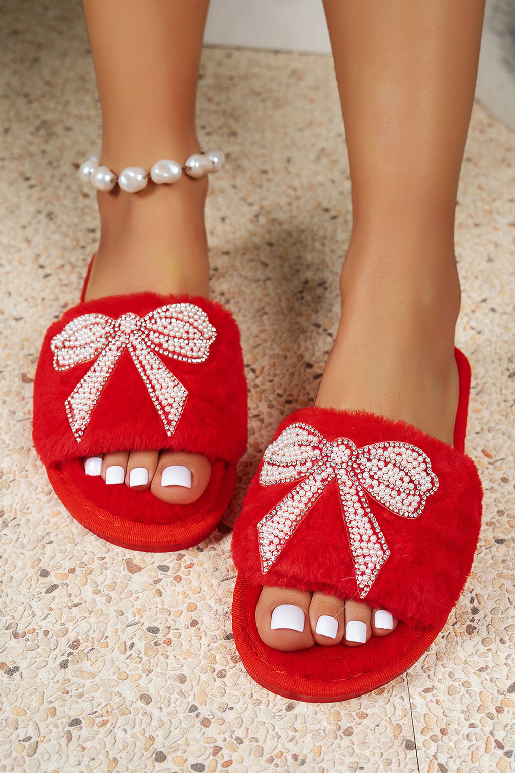 Fiery Red Pearl Rhinestone Embellished Bow Open Toe Plush Slippers 🇺🇸