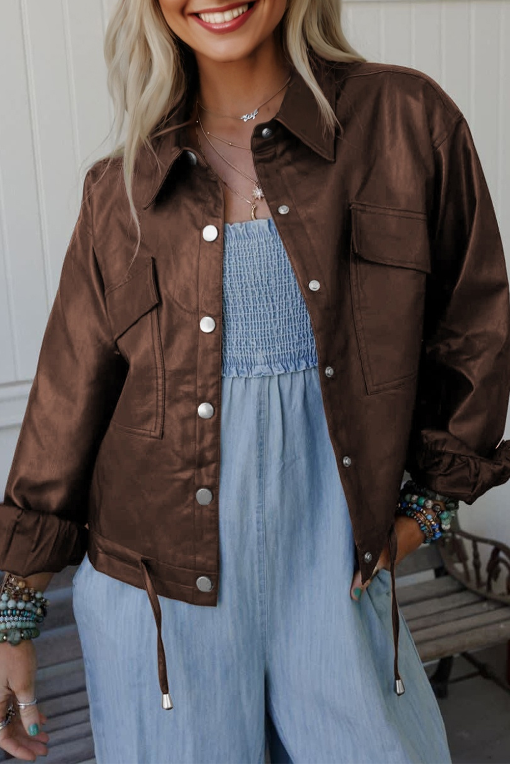 Chicory Coffee Double Flap Pocket Drawstring Hem Leather Jacket 🇺🇸