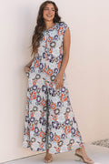 Sky Blue Floral Sleeveless Buttoned Pocketed Wide Leg Jumpsuit 🇺🇸