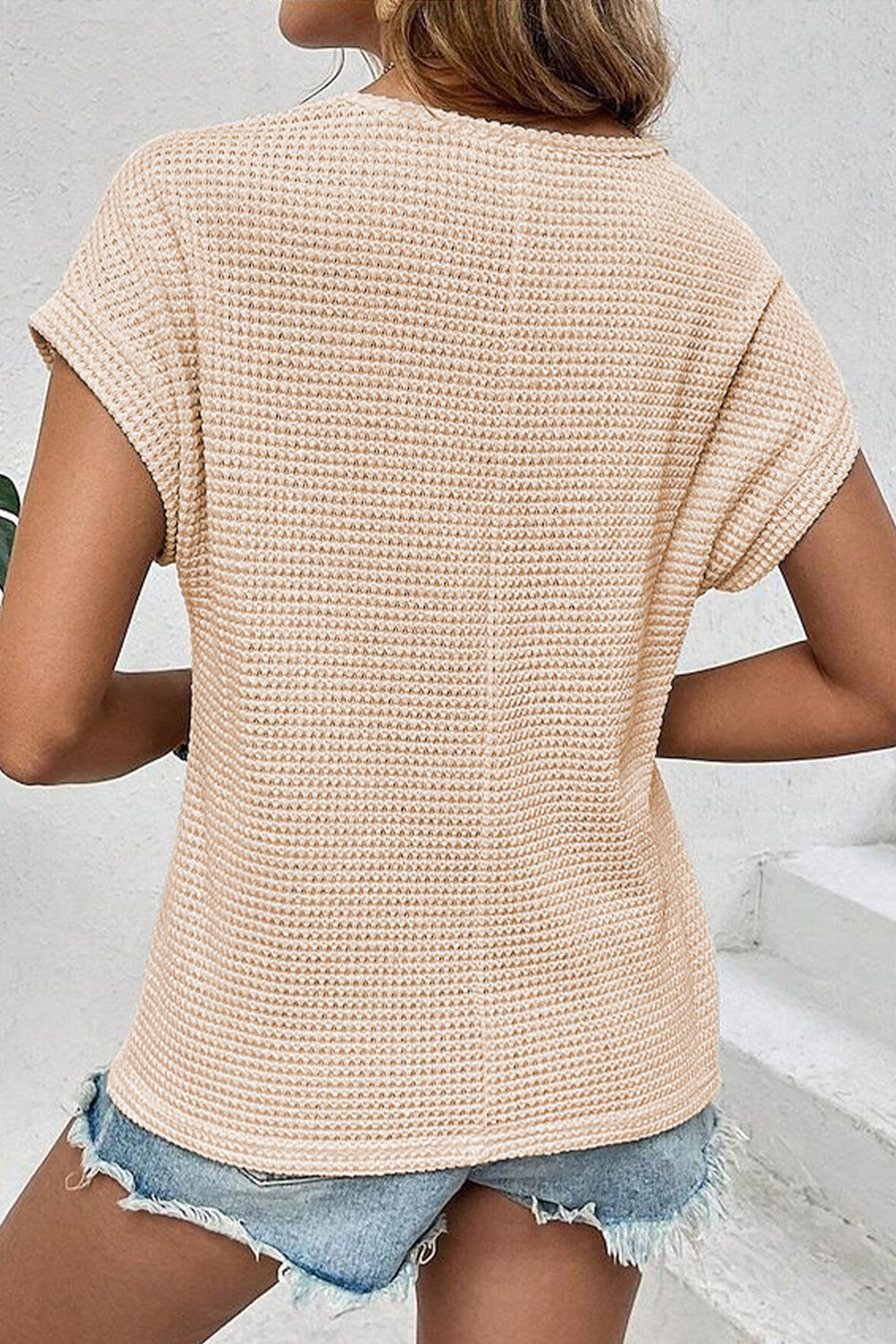 Oatmeal Lace Patchwork Waffle Short Sleeve Top 🇺🇲