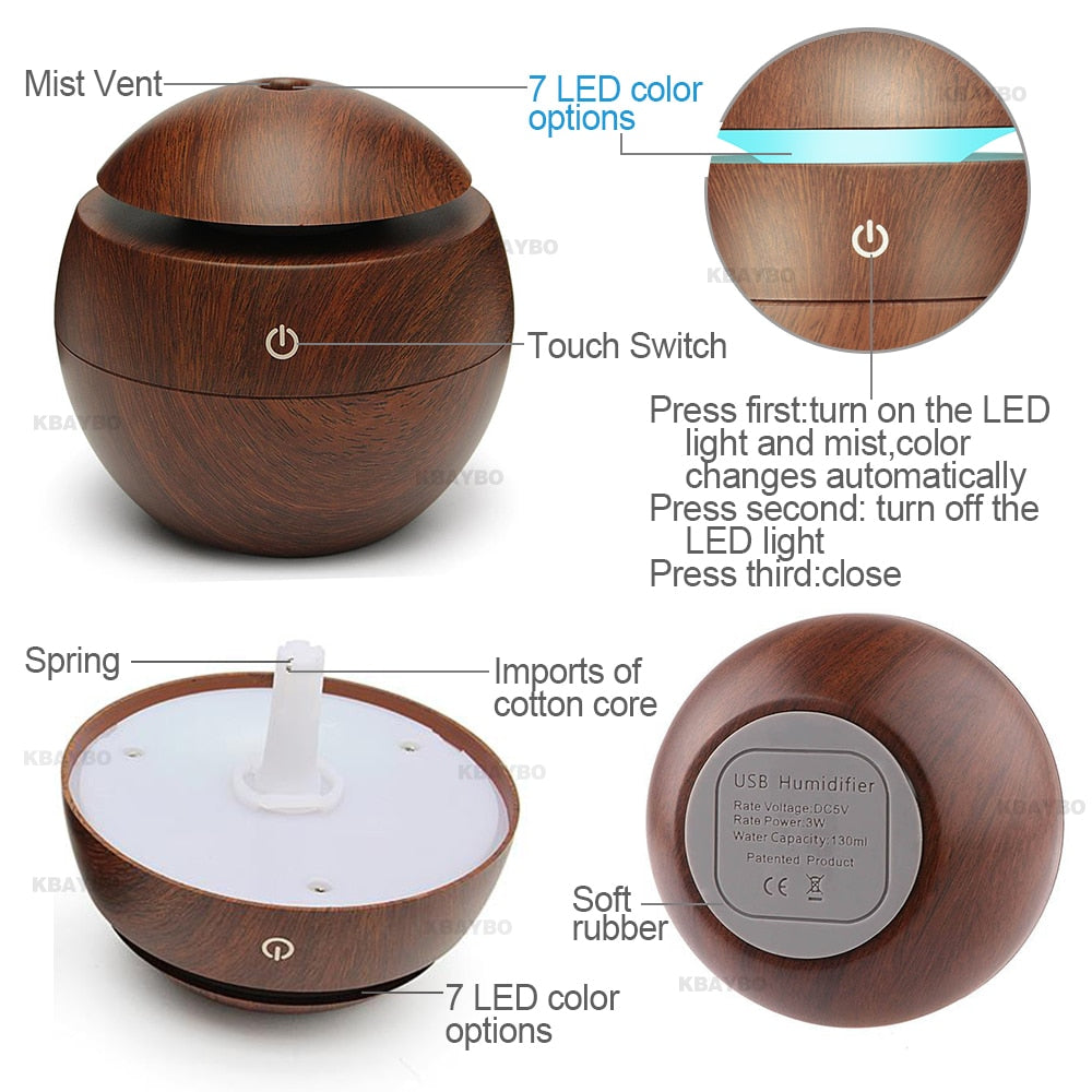 USB Aroma Essential Oil Diffuser Ultrasonic Cool Mist Humidifier Air Purifier 7 Color Change LED Night light for Office Home 🇨🇳