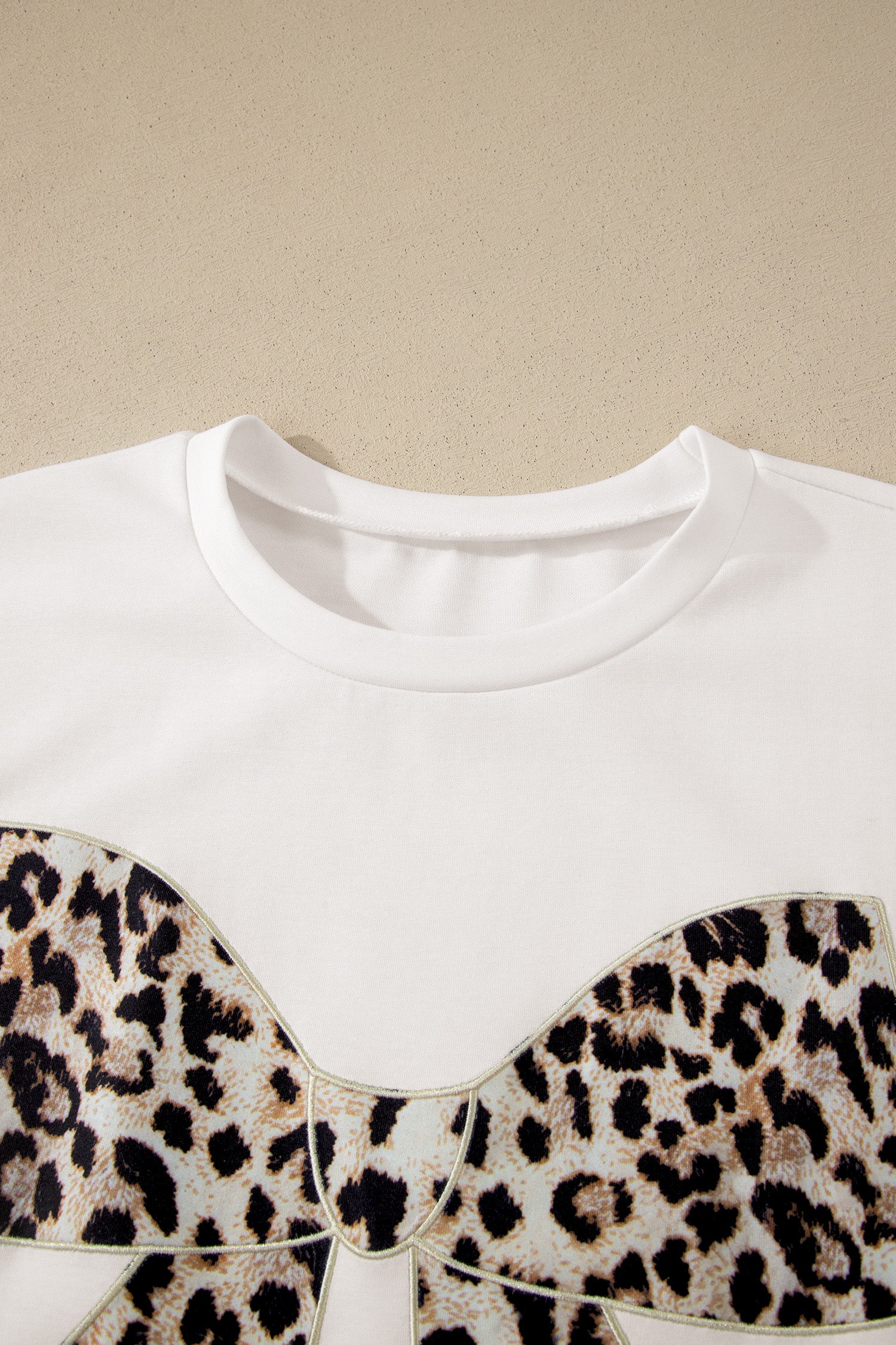 White Contrast Leopard Bow Patched Short Sleeve T Shirt Long Dress 🇺🇸