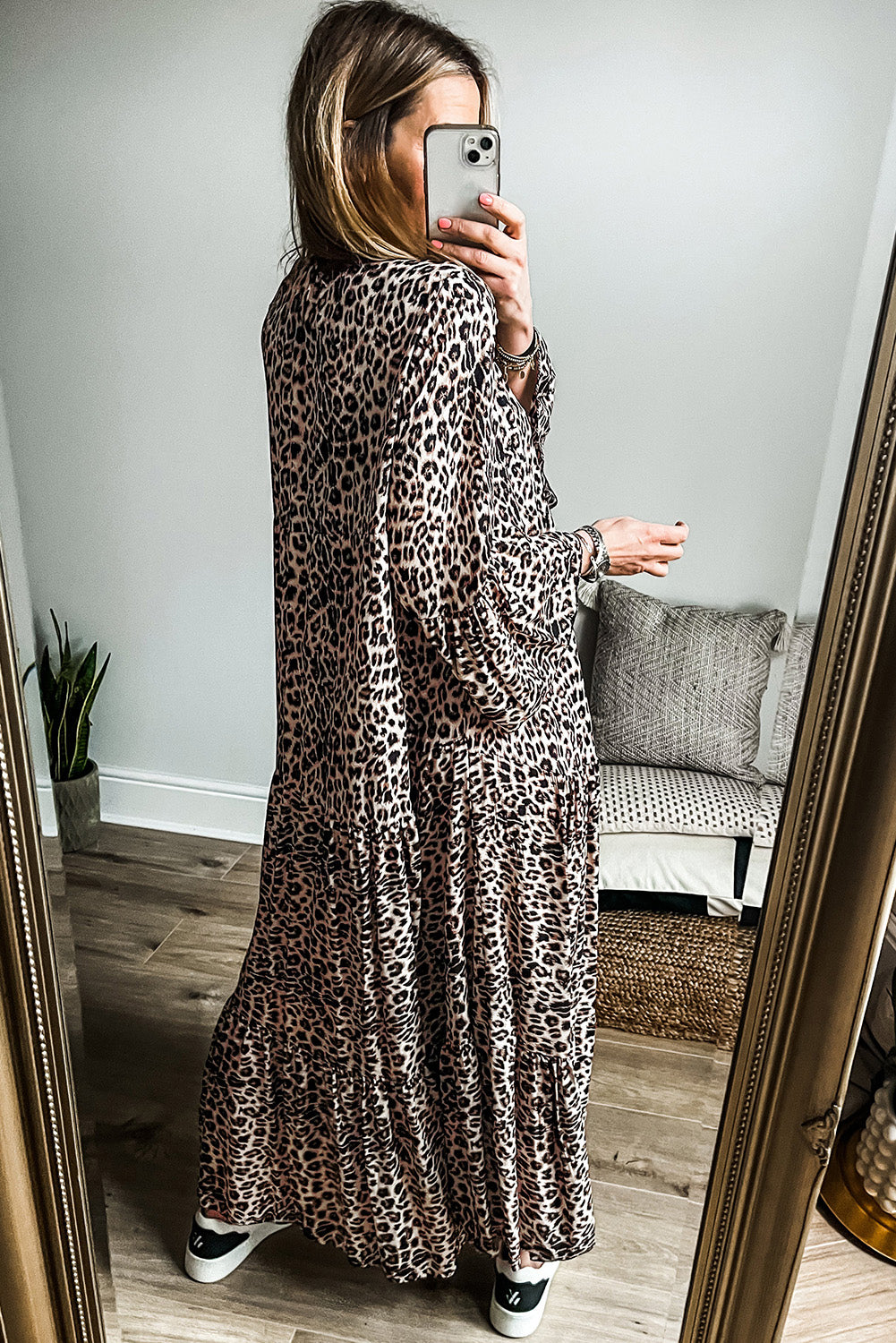 Apricot Leopard Print Tiered Wide Sleeve Maxi Dress 🇺🇸