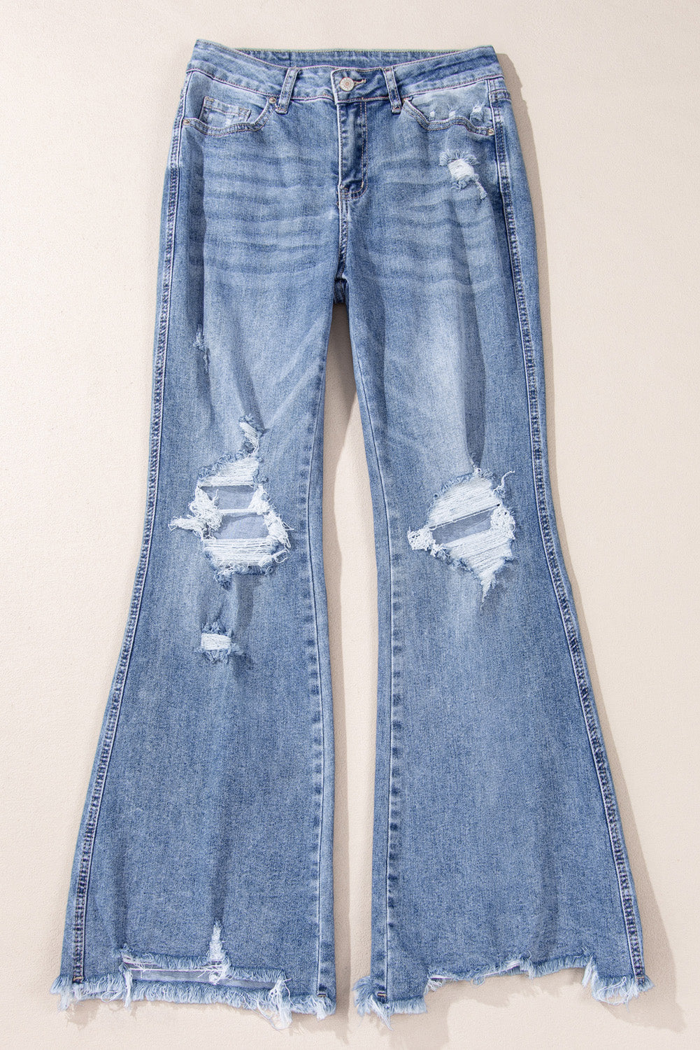 Dusk Blue High Rise Ripped Distressed Hem Flared Jeans 🇨🇳