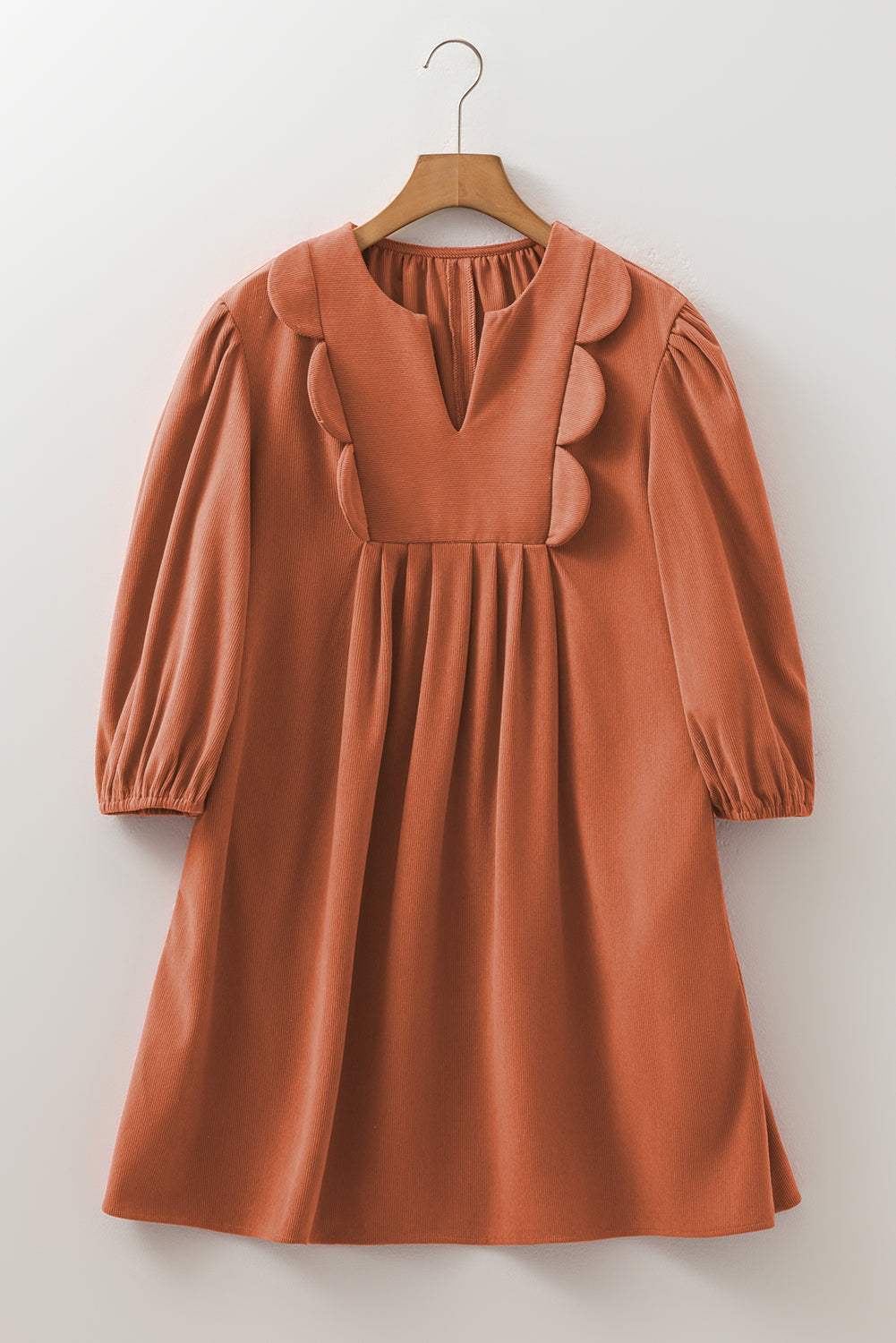 Cinnamon Bracelet Sleeve Split Neck Scallop Detail Pleated Corduroy Mini Dress 🇺🇲