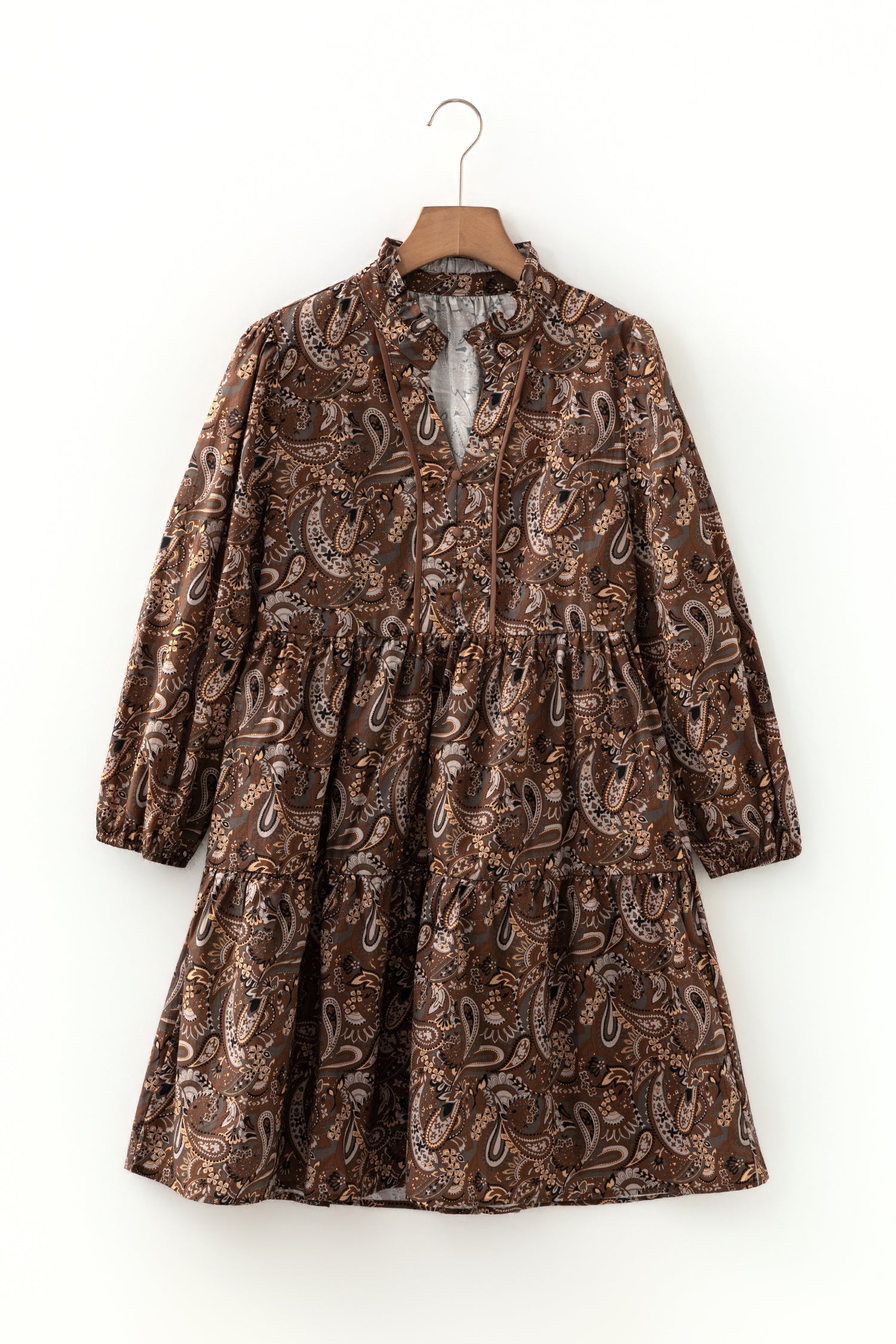 Brown Paisley Print Half Buttons Puff Sleeve Flowy Short Dress 🇺🇸