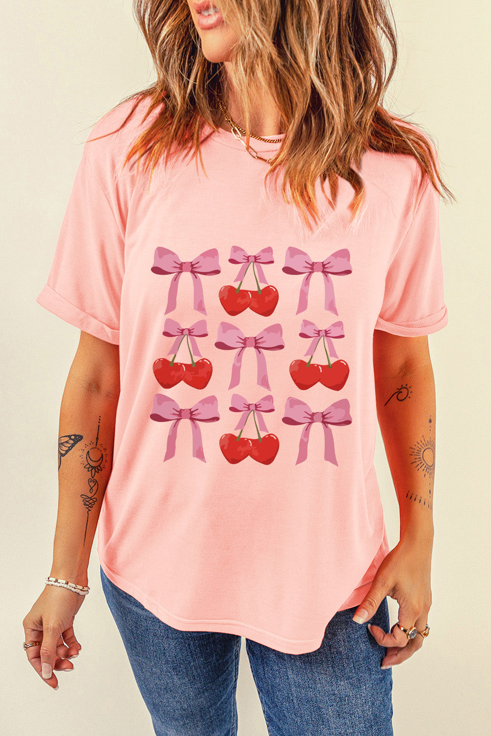 Pink Bow Cherry Print Crew Neck Casual T Shirt 🇨🇳