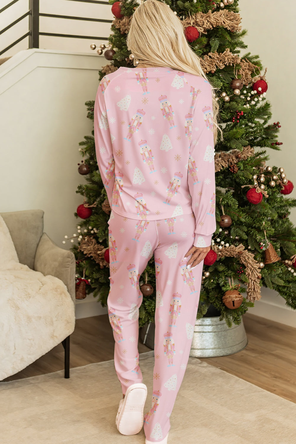 Pink Christmas Tree Nutcracker Print 2pcs Lounge Pant Set 🇺🇸