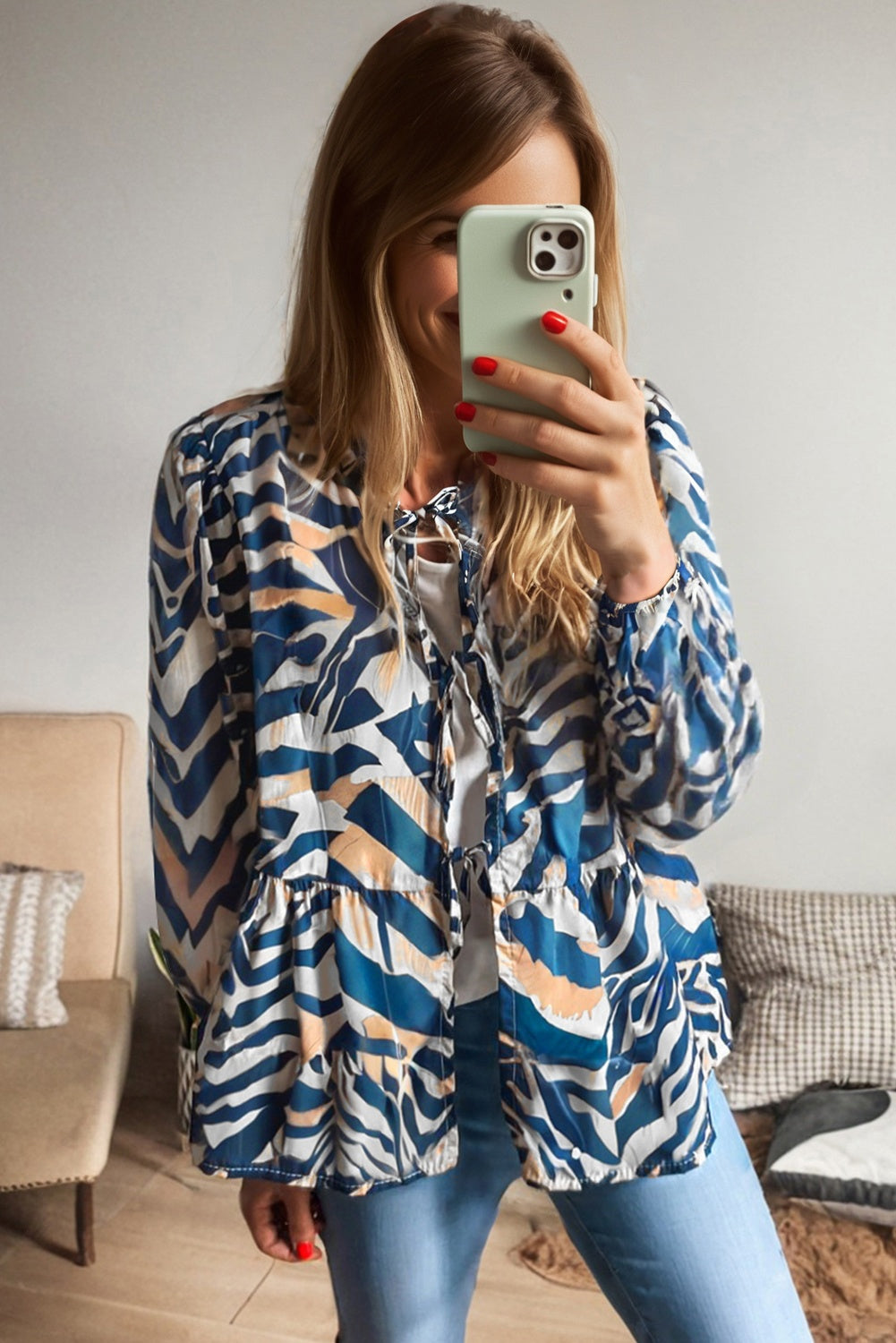 Blue Zebra Print Tied Front Puff Sleeve Top 🇺🇸