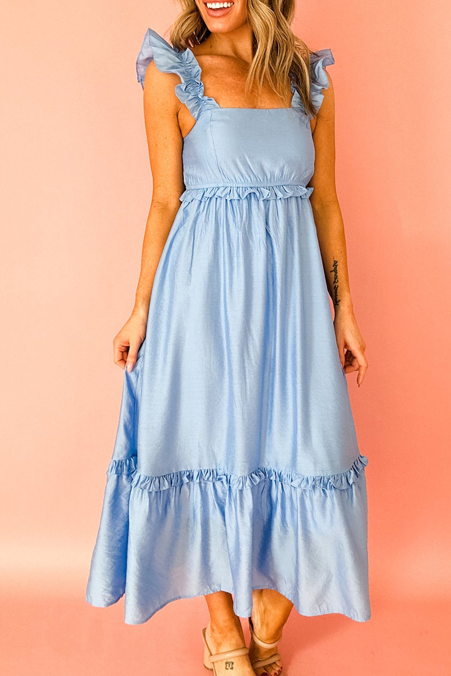 Beau Blue Solid Color Ruffle Trim High Waist Sleeveless Maxi Dress 🇺🇸