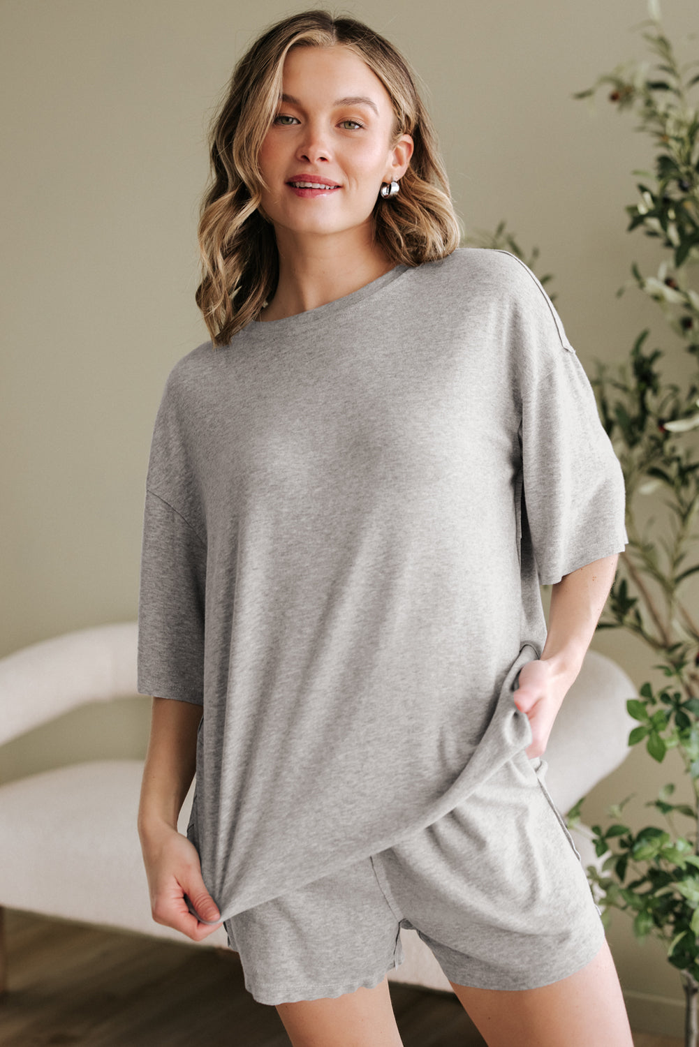 Gray Solid Color Loose Tee 2 Piece Shorts Set 🇨🇳