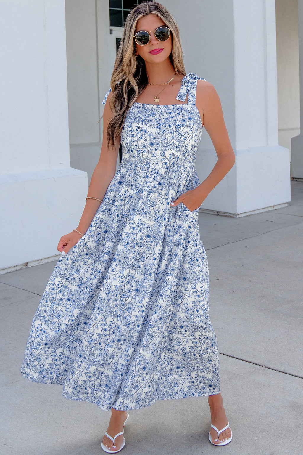 Sky Blue Floral Print Knot Straps High Waist Flared Maxi Dress 🇺🇸