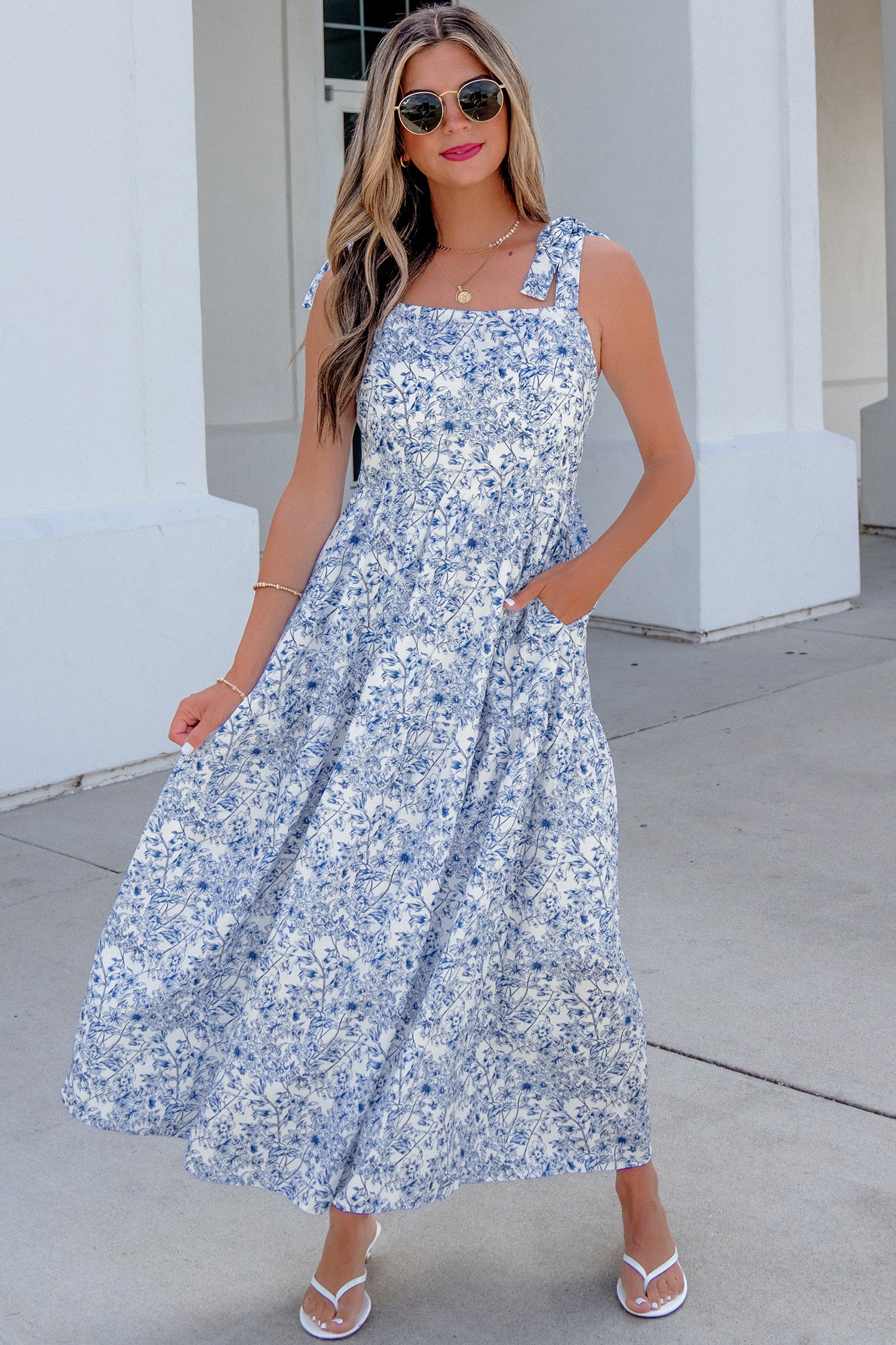 Sky Blue Floral Print Knot Straps High Waist Flared Maxi Dress 🇺🇸