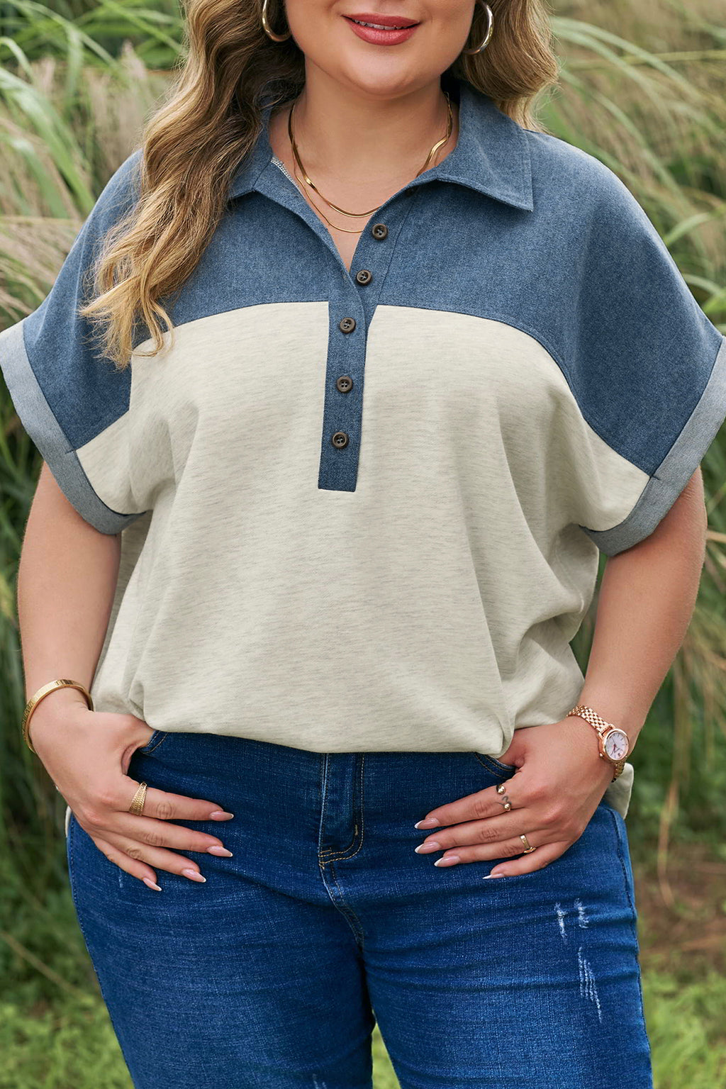 Light Grey Half Buttons Collared Denim Patchwork Plus Short Sleeve Top 🇺🇸