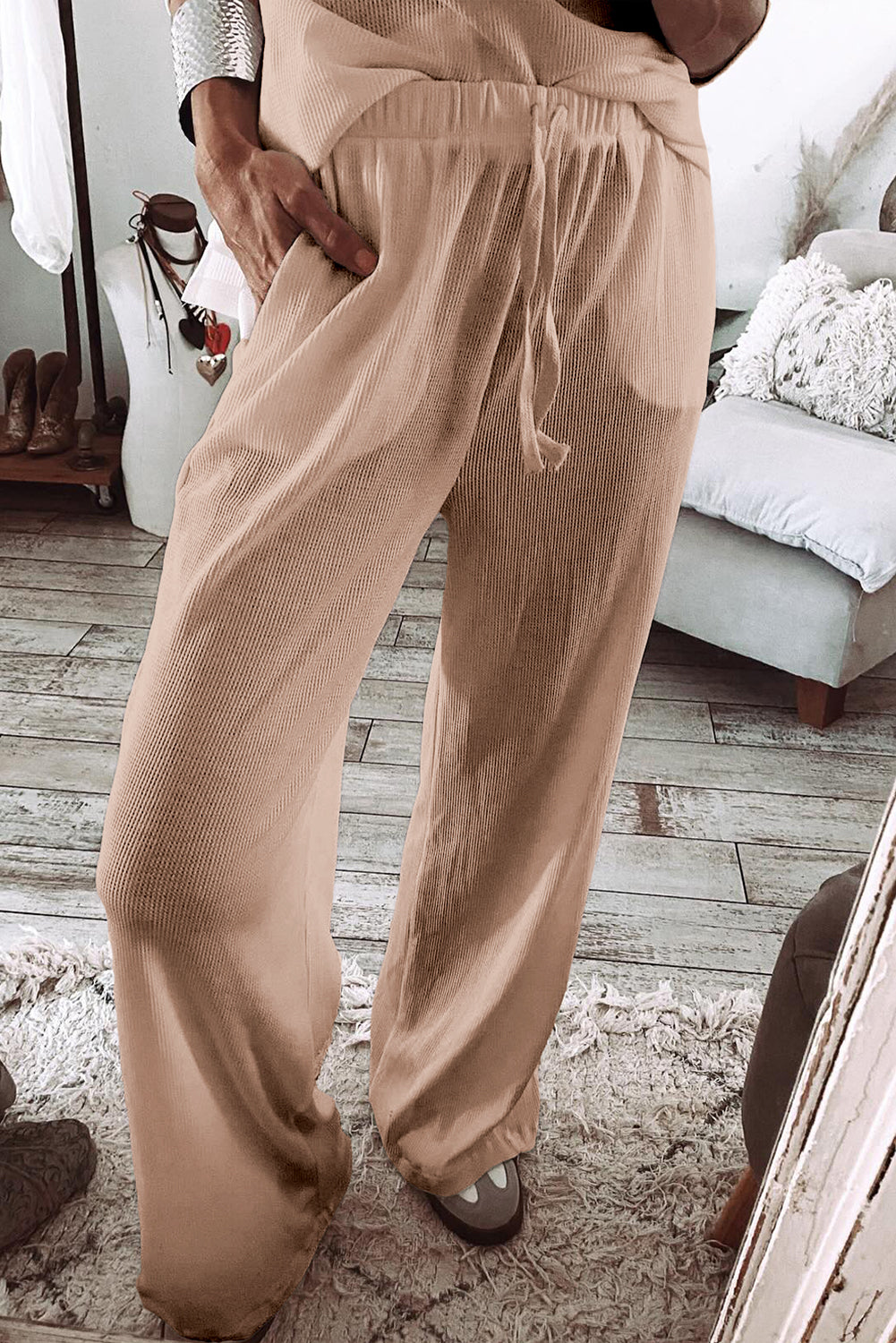 Parchment Textured Long Sleeve T Shirt and Pants Lounge Set 🇨🇳