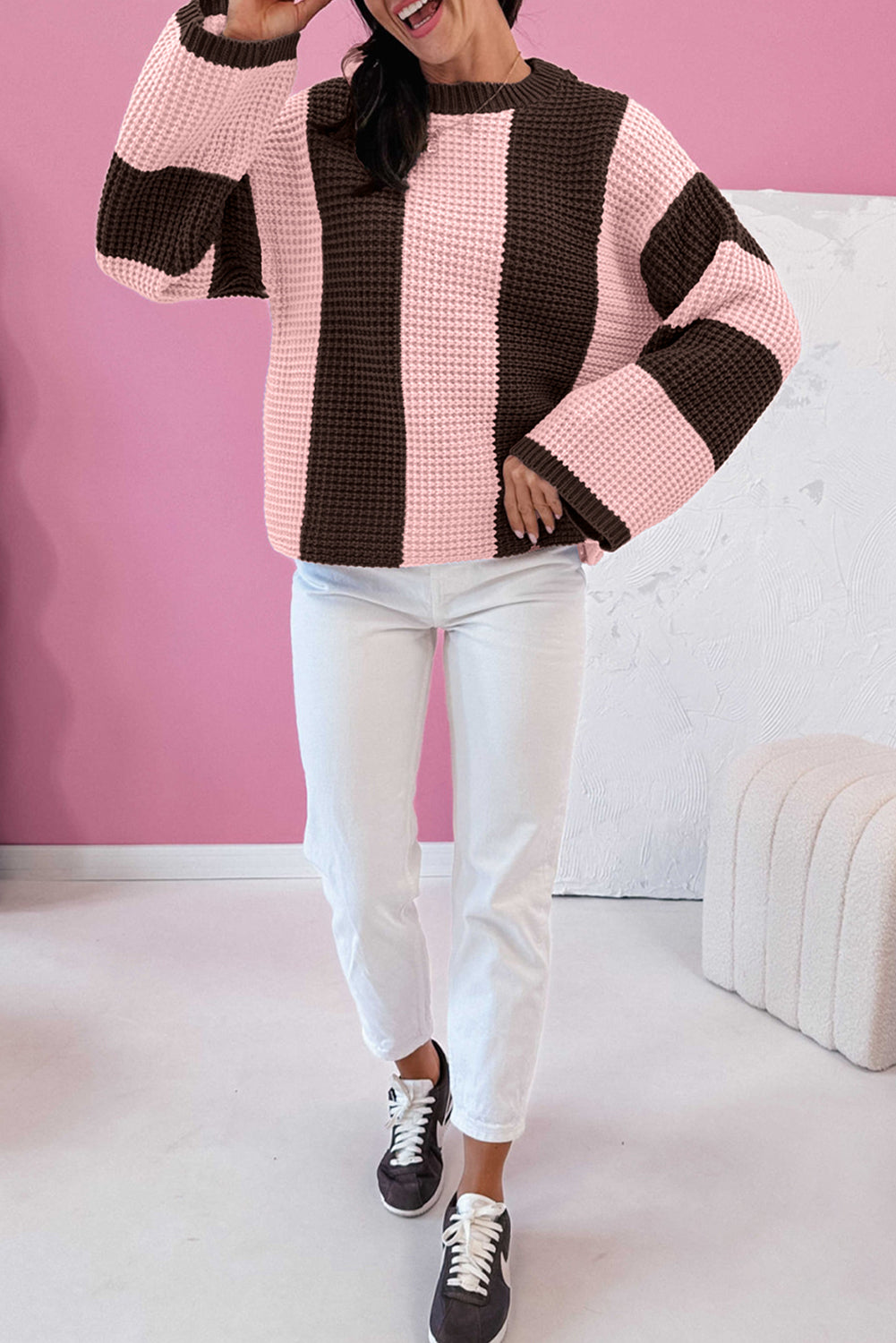 Fushia Striped Color Block Thermal Textured Knit Drop Shoulder Sweater 🇺🇸