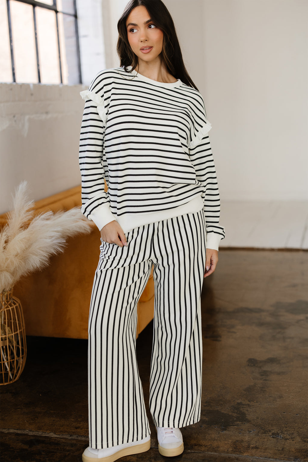 White Stripe Ruffle Trim Drop Shoulder Top Drawstring Loose Pant Set 🇺🇸