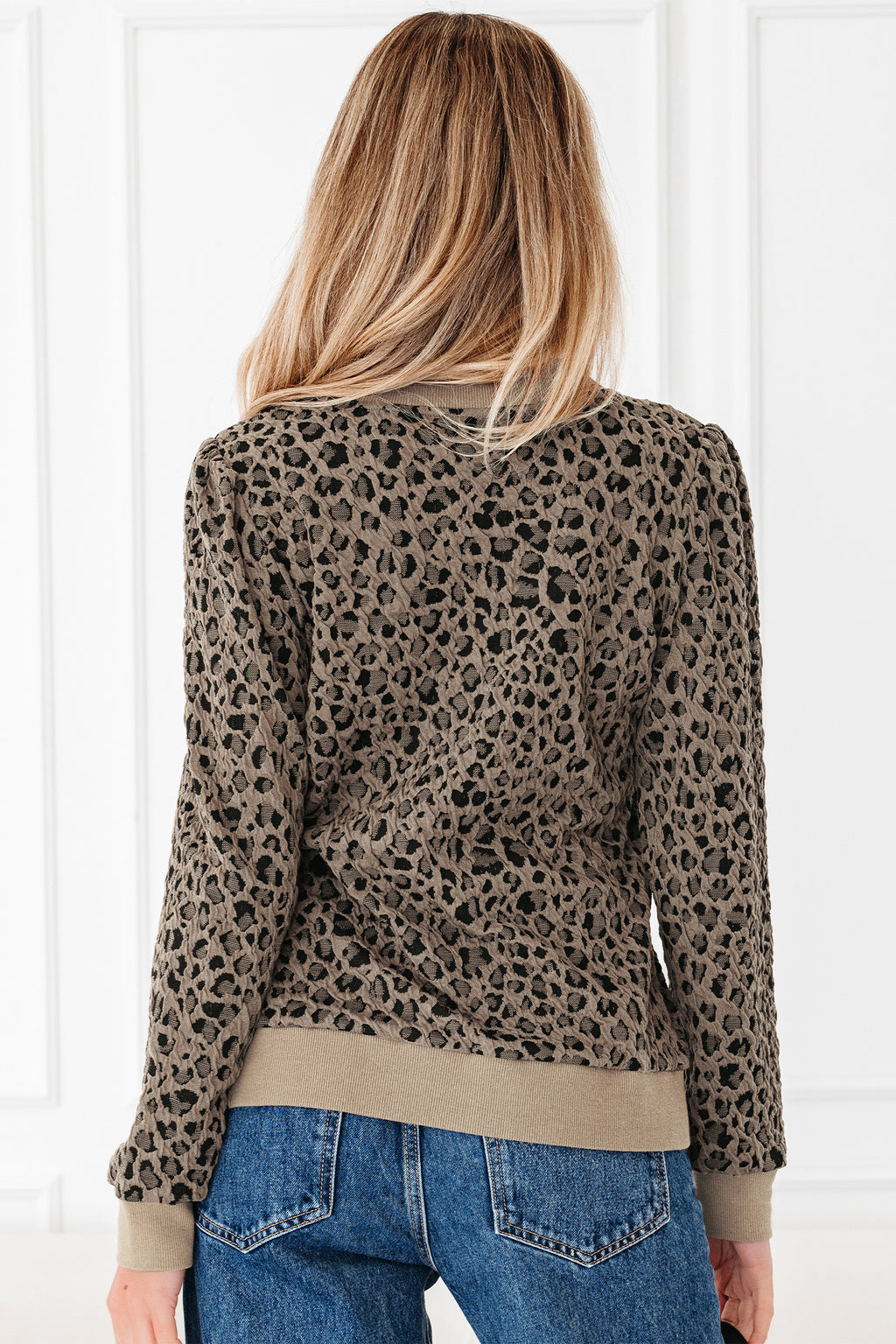 Khaki Ribbed Trim Leopard Print Long Sleeve Top 🇺🇸