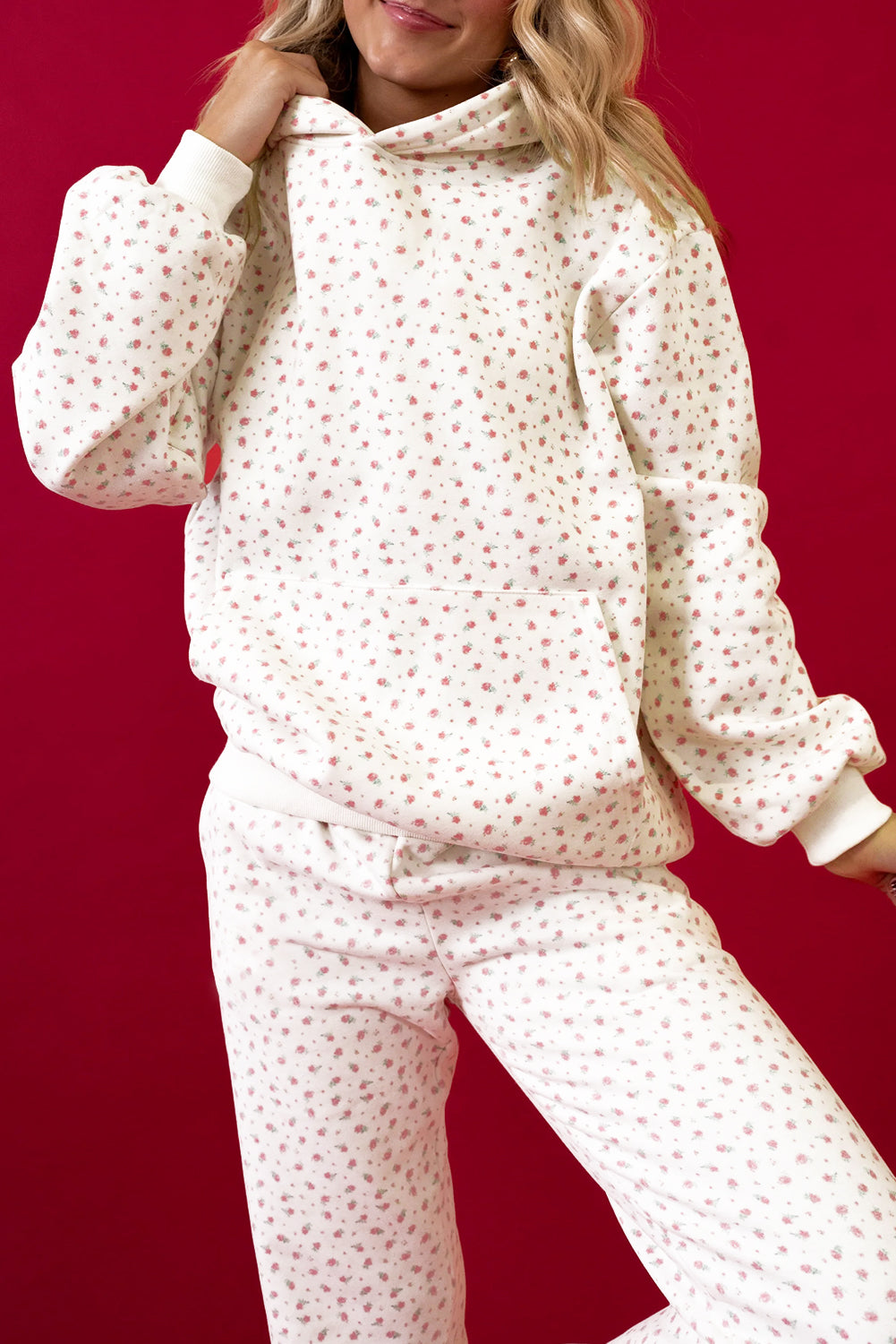 Pink Floral Print Kangaroo Pocket Hoodie Sheath Sweatpants Set 🇺🇸