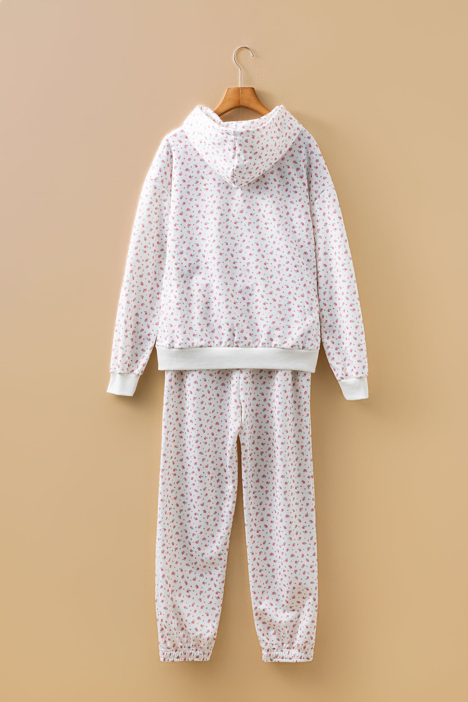 Pink Floral Print Kangaroo Pocket Hoodie Sheath Sweatpants Set 🇺🇸