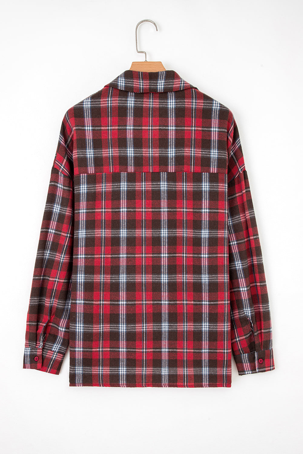 Red Plaid Print Collared V Neck Loose Blouse with Side Slits 🇺🇸
