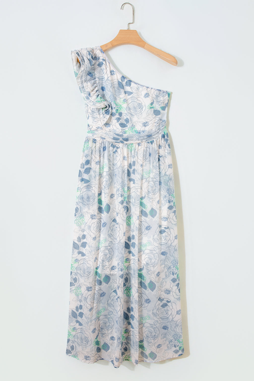 Sky Blue Floral Print Ruffled One Shoulder Vacation Maxi Dress 🇺🇸