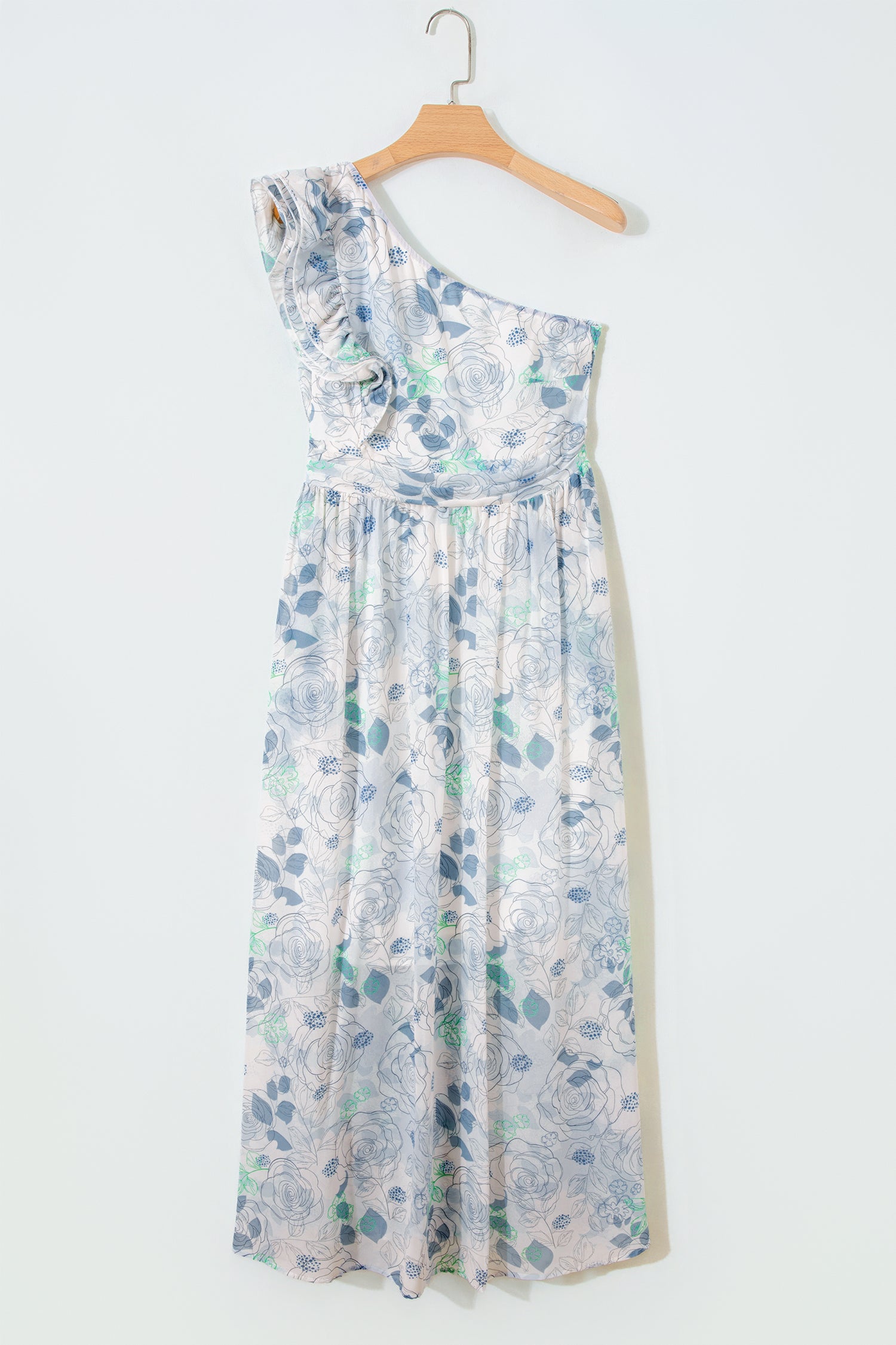 Sky Blue Floral Print Ruffled One Shoulder Vacation Maxi Dress 🇺🇸