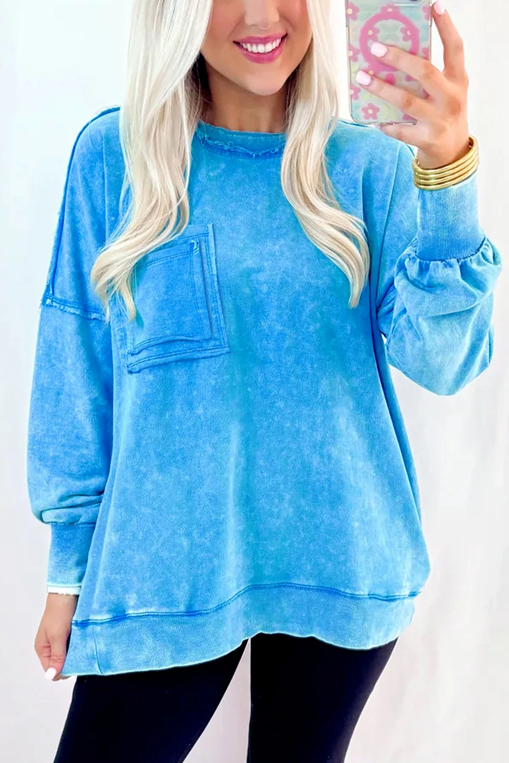 Blue Mineral Wash Raw Seam Double Patched Pocket Pullover Sweatshirt 🇺🇸