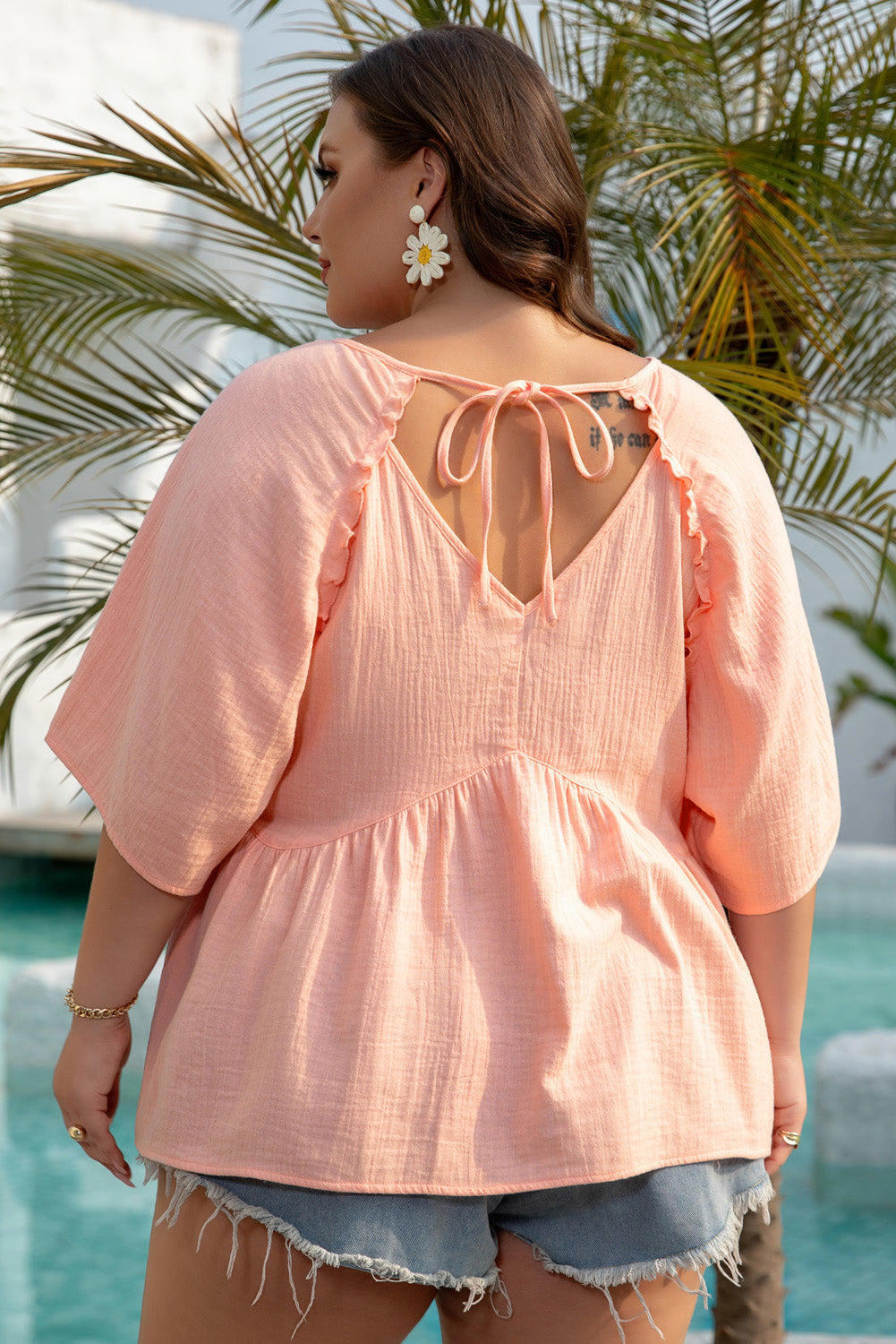 Apricot Pink Plus Size Textured Wide Short Sleeve Babydoll Blouse 🇨🇳