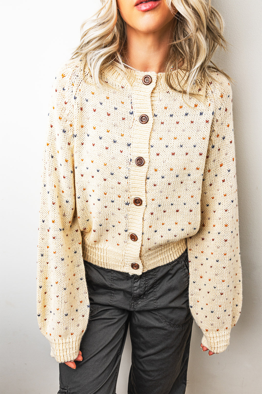 Beige Geometric Print Button Front Long Sleeve Regular Fit Cardigan 🇺🇸