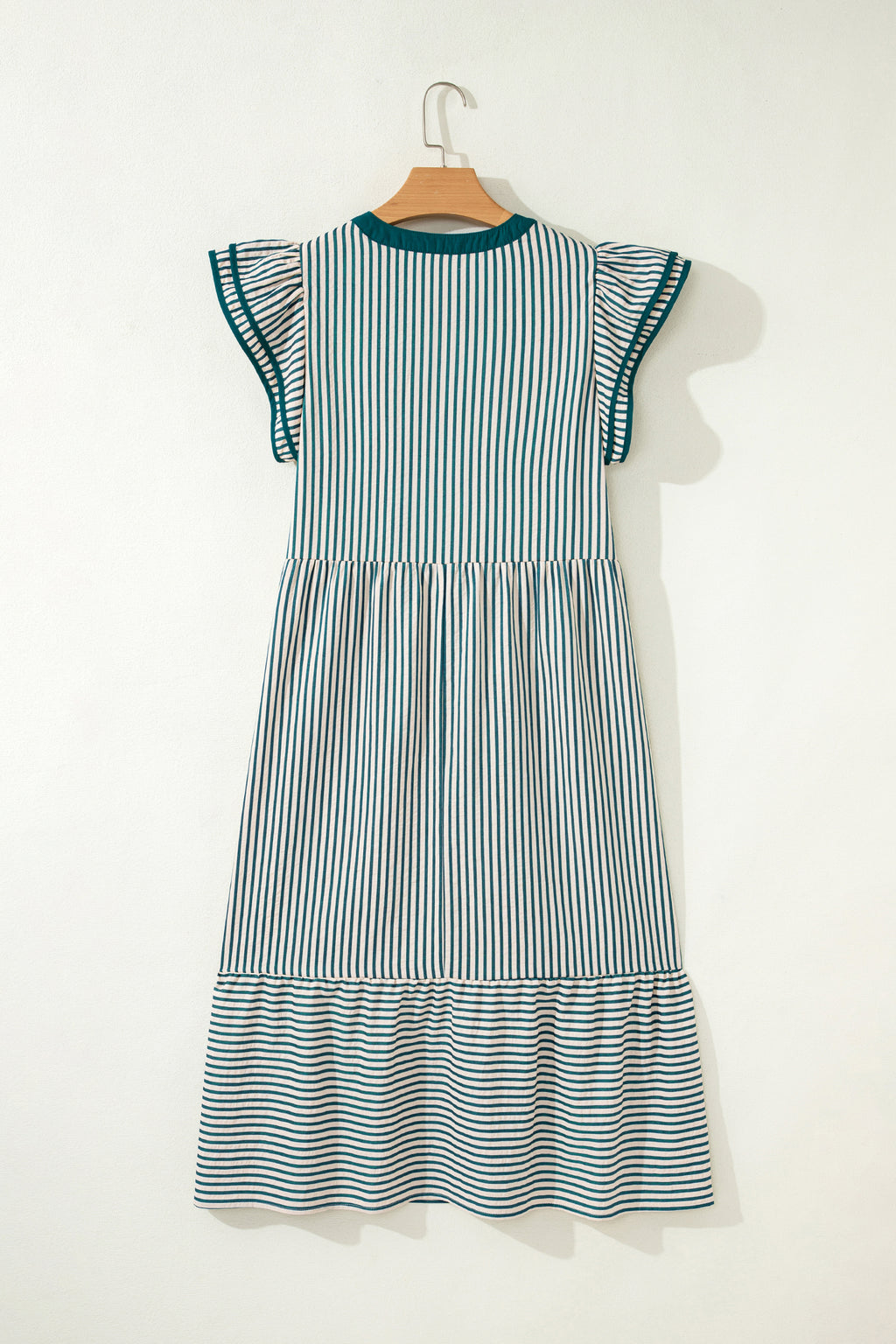 Green Stripe Double Ruffled Short Sleeve Contrast Trim V Neck Midi Dress 🇺🇸