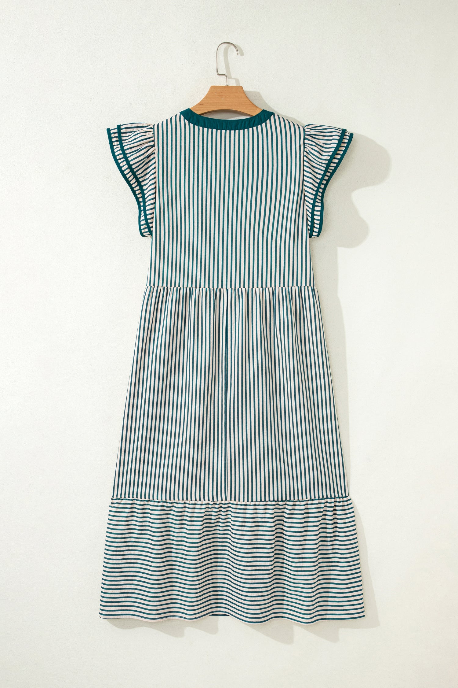 Green Stripe Double Ruffled Short Sleeve Contrast Trim V Neck Midi Dress 🇺🇸