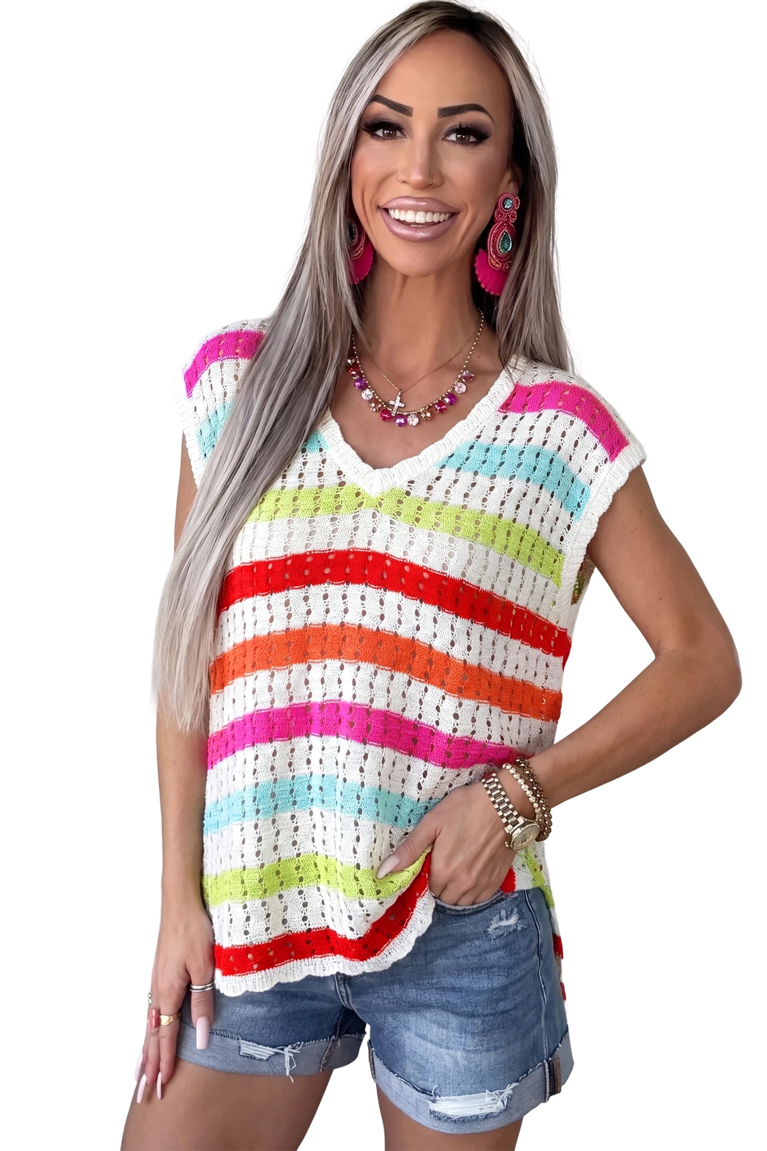 Multicolour Striped Eyelet Knit V Neck Sweater Team 🇺🇸
