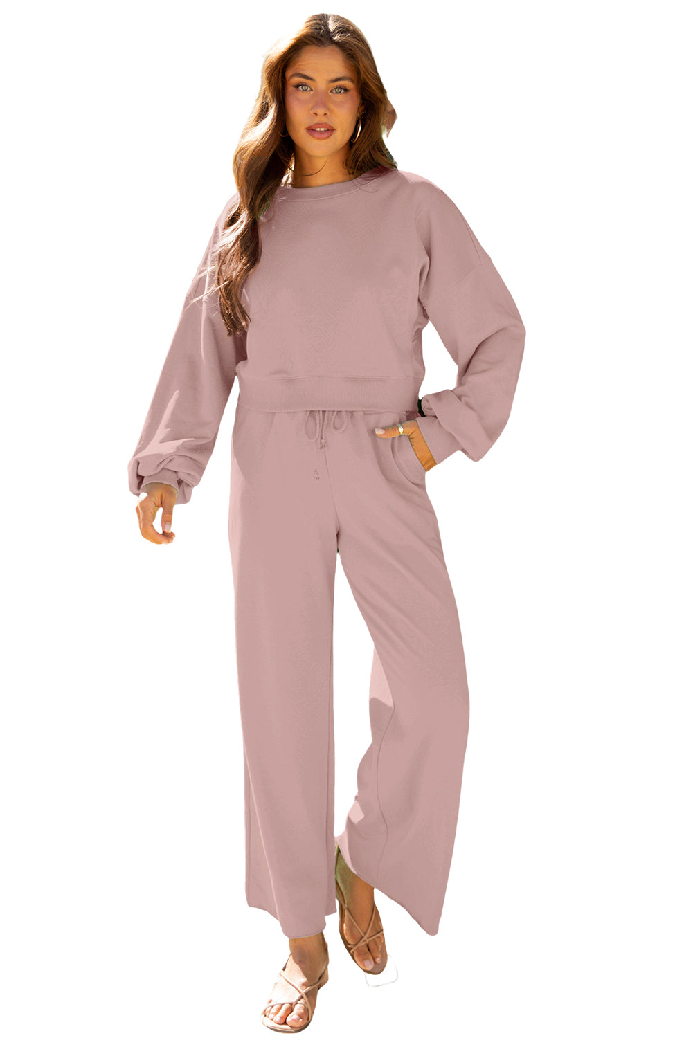 Light Pink Drop Shoulder Puff Sleeve Crop Pullover Drawstring Wide Leg Pants Set 🇺🇸