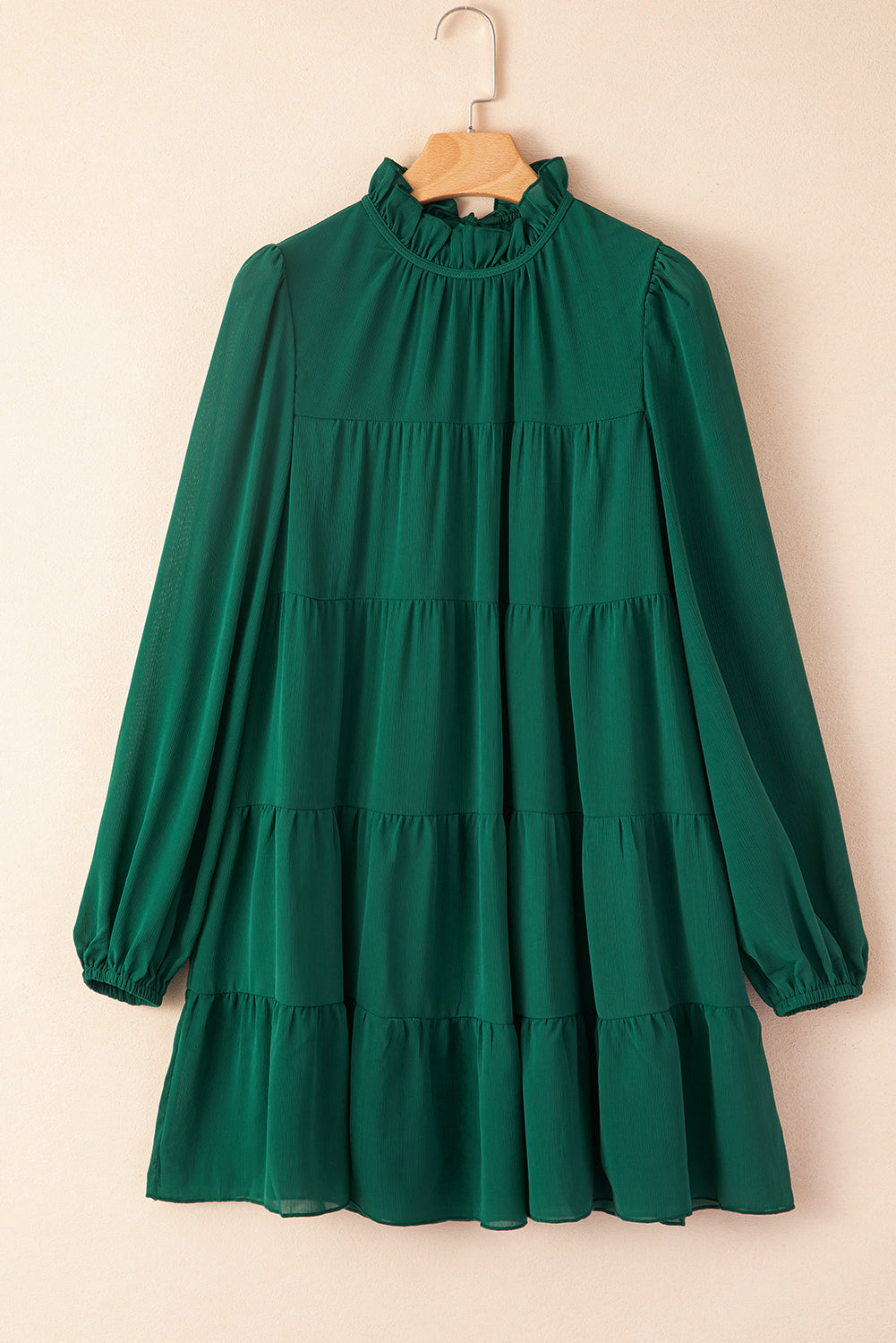 Green Puff Sleeve Mock Neck Back Knot Tiered Dress 🇺🇸