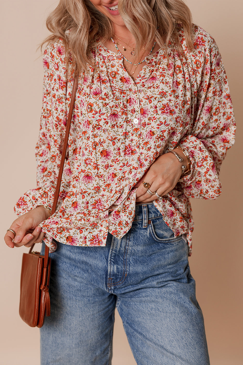 Red Floral Print Pleated Detail Notched Neck Puff Sleeve Blouse 🇺🇸