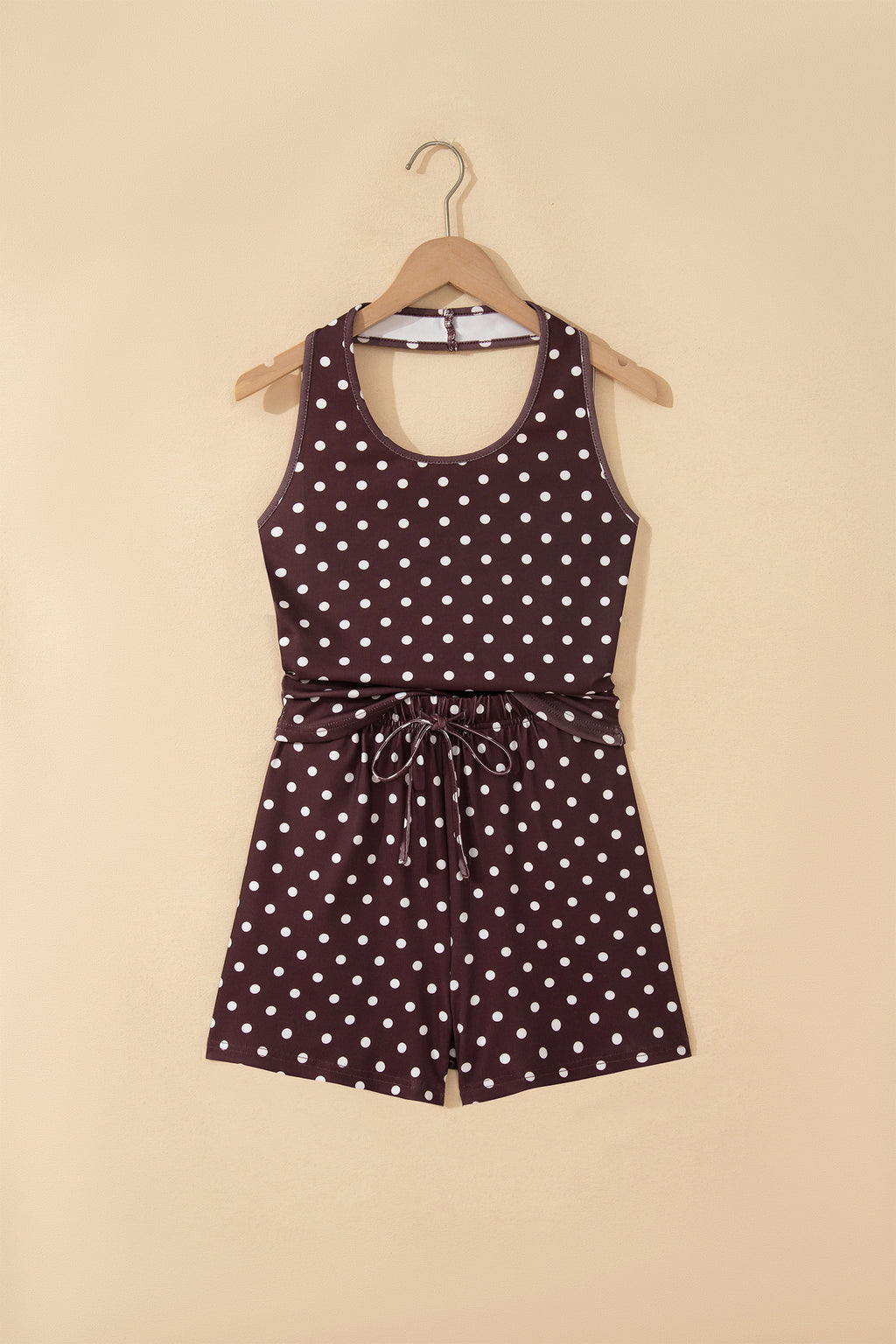 Brown Polka Dot Halter Tank Drawstring Elastic Waist Short Set 🇺🇸