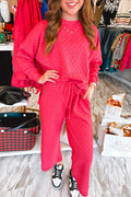 Strawberry Pink Checkered Textured Split Pullover Top and Pants Set 🇺🇸