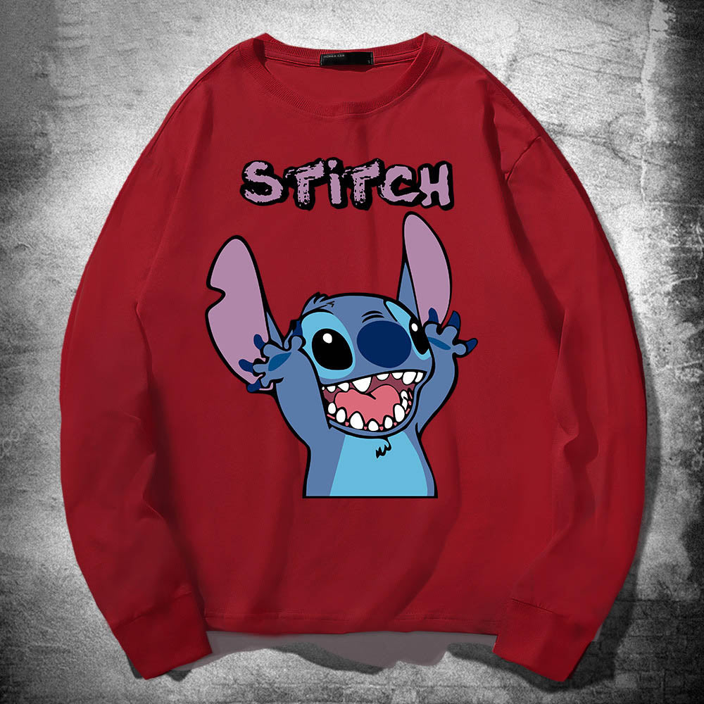 Stitch Long Sleeved T Shirt For Men and Women, Thin Pure Cotton, Loose Fitting, Like Couples Outfit, Round Neck Base Shirt, Clothes On Top 🇨🇳