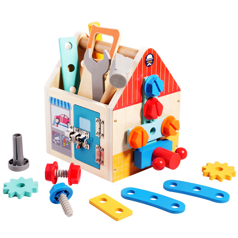 Children's wooden multifunctional toolbox, busy block, screw and nut removal, hand-held tool, blue puzzle toy 🇨🇳
