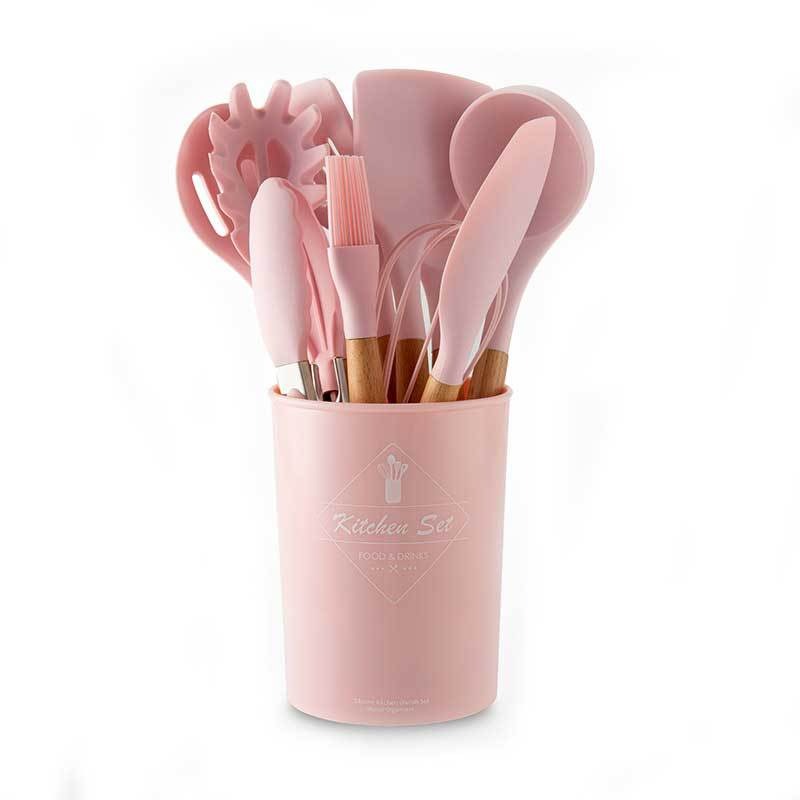 11-Piece Barreled Cooking Utensils Set With Wooden Handle Pink 🇨🇳