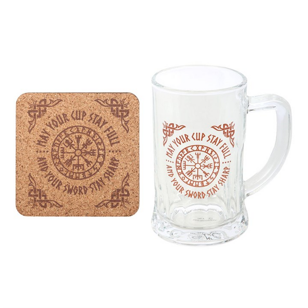 Viking Compass Glass Beer Tankard with Coaster 🇬🇧