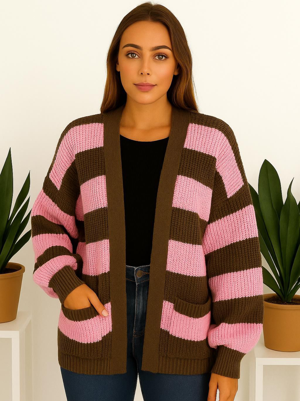 Knitted Stripped Balloon Sleeve Cropped Cardigan 🇬🇧