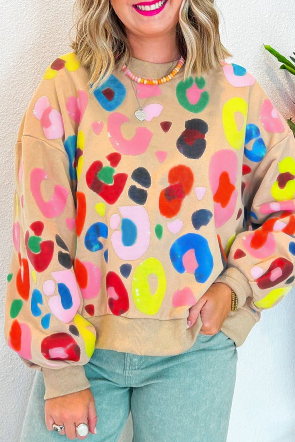Khaki Multicolor Leopard Printed Drop Shoulder Pullover Sweatshirt 🇺🇸