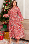 Red Plus Size Abstract Print Notch V Neck High Waist Maxi Dress 🇺🇲