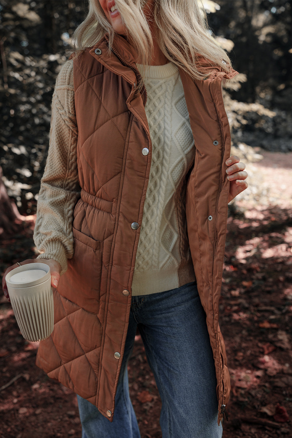Coffee Longline Quilted Stand Collar Puffer Vest 🇺🇸